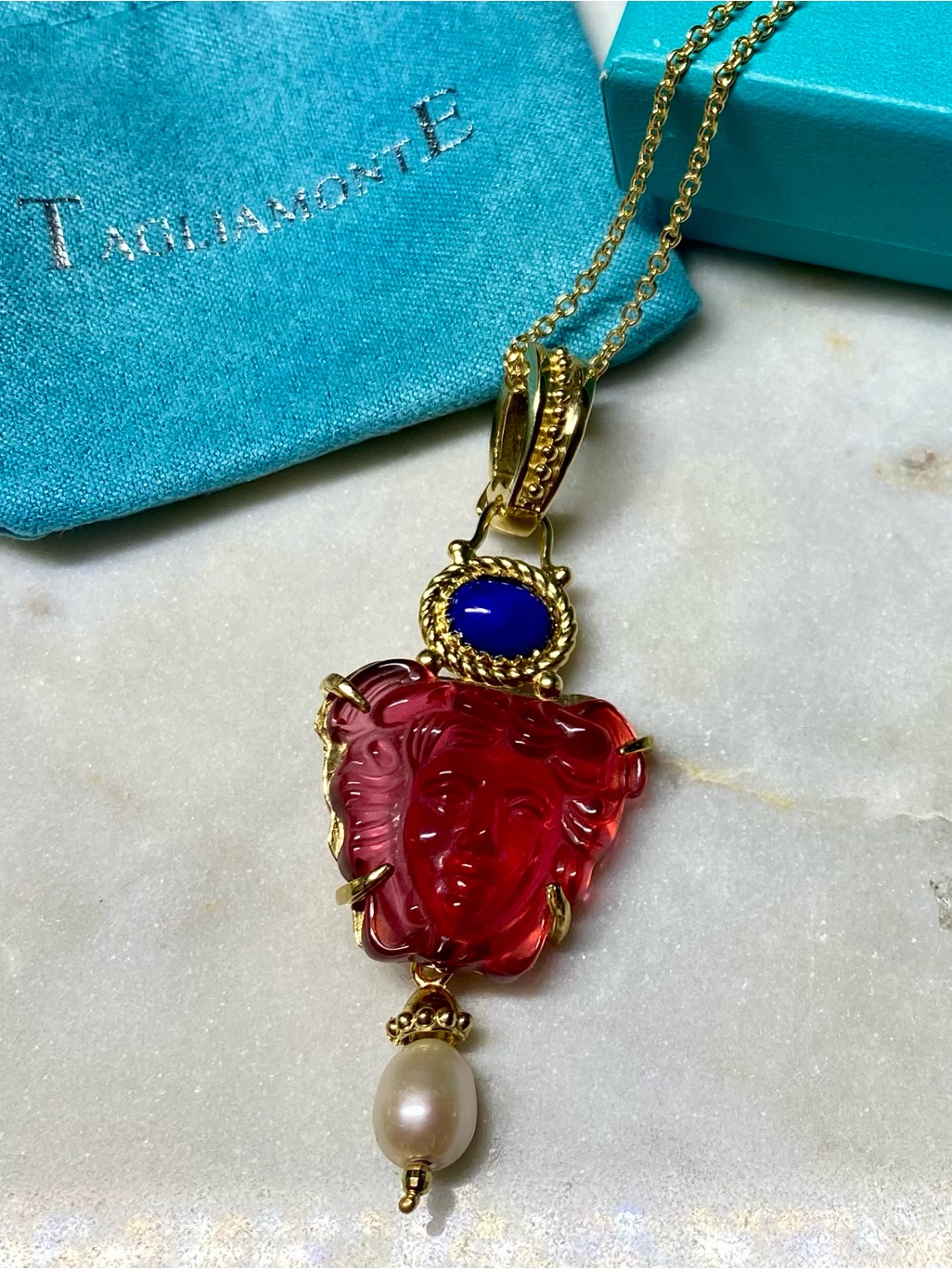 Tagliamonte Venetian Intaglio Glass Medusa Head Necklace Pink Fuchsia New